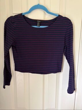 Forever 21 Navy and Pink Striped Long Sleeve Crop Top